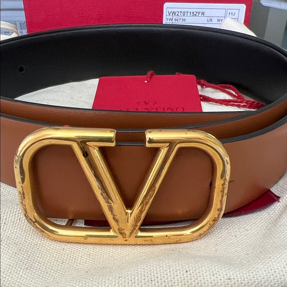 Valentino Brown Leather V-Logo Belt with Gold Buckle